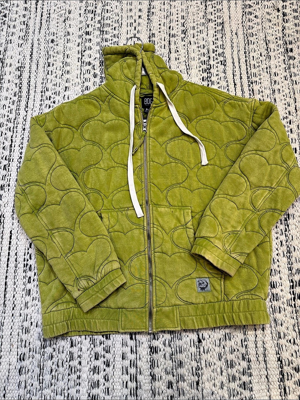 BDG Quilted Heart Zip-Up Hoodie Green Medium